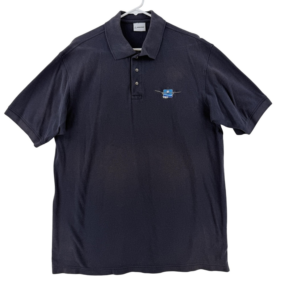 Boeing Polo Shirt Mens XL Blue 787 Jet Embroidered Cotton Knit Casual Top
